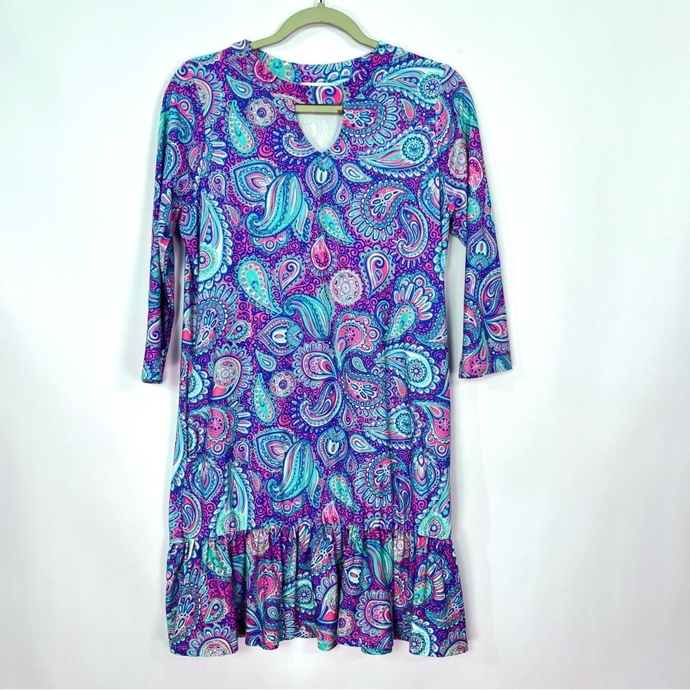 Simply Southern Bright Tropical Paisley Print Purple Blue Ruffle Trim Dress Sz S